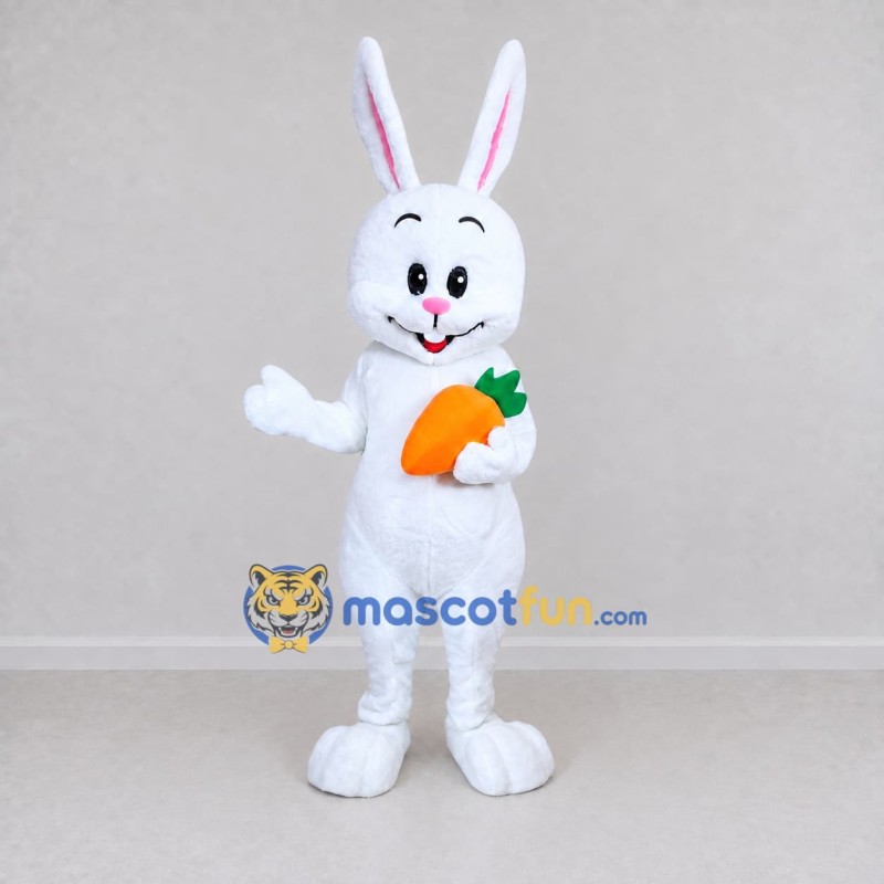 Custom White and Orange Rabbit with Carrot Mascot Costume Adult Full Body Suit for Easter Events Custom White and Orange Rabbit with Carrot Mascot Costume Adult Full Body Suit for Easter Events