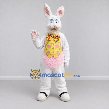 Custom White Pink and Yellow Rabbit with Tie Mascot Costume Adult Full Body Suit for Easter Events Custom White Pink and Yellow Rabbit with Tie Mascot Costume Adult Full Body Suit for Easter Events