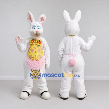 Custom White Pink and Yellow Rabbit with Tie Mascot Costume Adult Full Body Suit for Easter Events