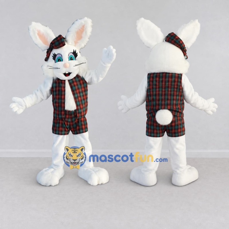 Custom White Red and Green Rabbit in Plaid Outfit Mascot Costume Adult Full Body Suit for Easter Events Custom White Red and Green Rabbit in Plaid Outfit Mascot Costume Adult Full Body Suit for Easter Events