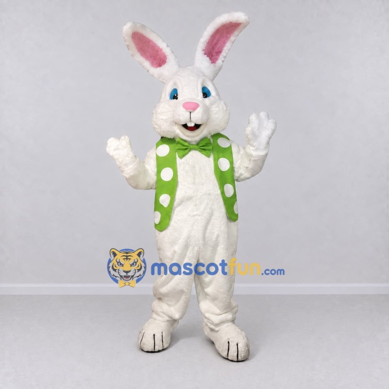Custom White and Green Rabbit in Polka Dot Vest Mascot Costume Adult Full Body Suit for Easter Events Custom White and Green Rabbit in Polka Dot Vest Mascot Costume Adult Full Body Suit for Easter Events