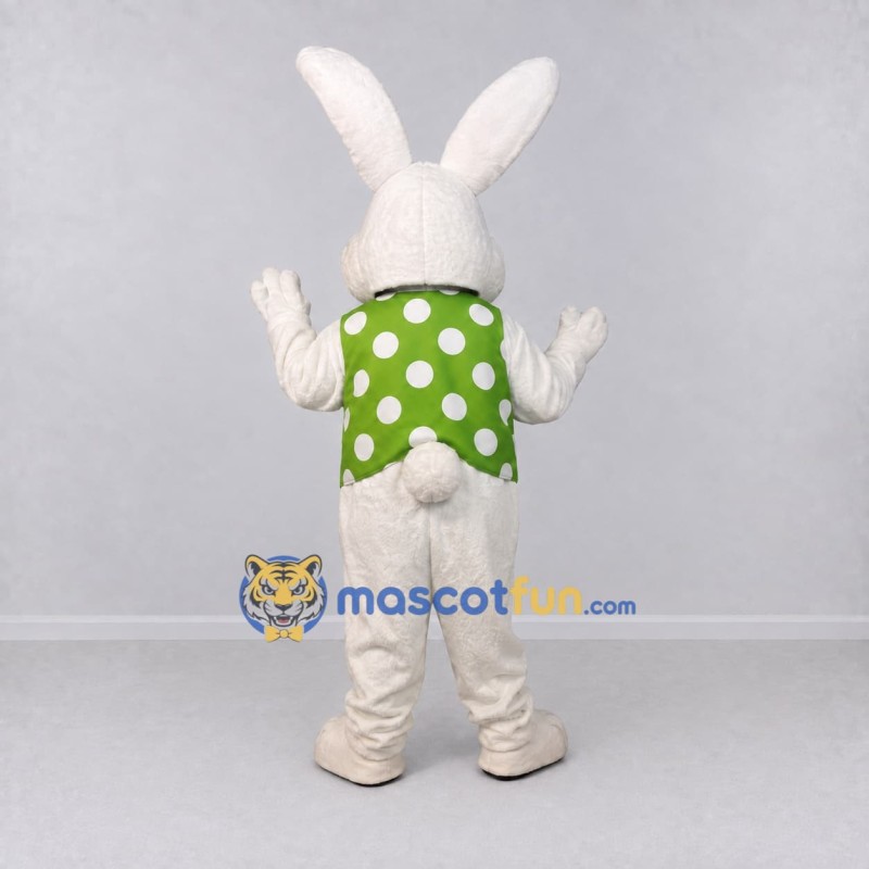 Custom White and Green Rabbit in Polka Dot Vest Mascot Costume Adult Full Body Suit for Easter Events Custom White and Green Rabbit in Polka Dot Vest Mascot Costume Adult Full Body Suit for Easter Events