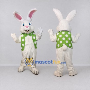 Custom White and Green Rabbit in Polka Dot Vest Mascot Costume Adult Full Body Suit for Easter Events