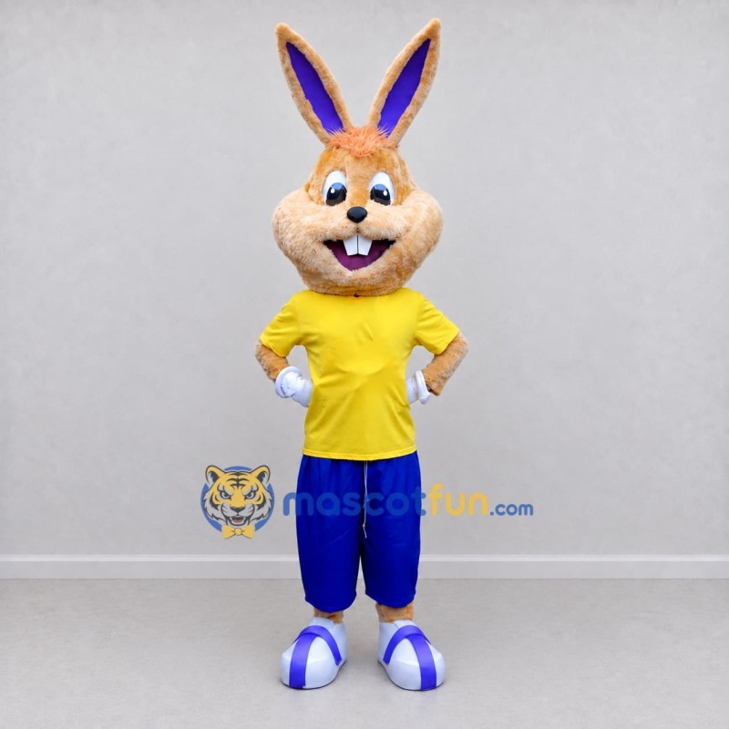 Custom Tan Yellow and Blue Rabbit in Sportswear Mascot Costume Adult Full Body Suit for Easter Events Custom Tan Yellow and Blue Rabbit in Sportswear Mascot Costume Adult Full Body Suit for Easter Events