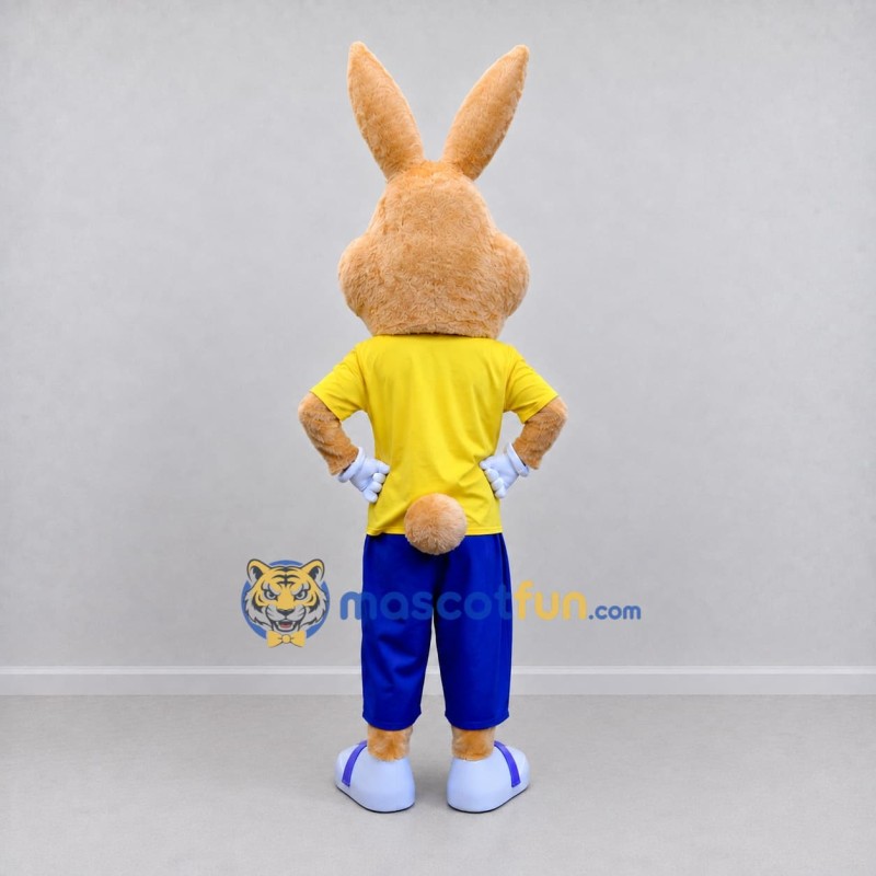 Custom Tan Yellow and Blue Rabbit in Sportswear Mascot Costume Adult Full Body Suit for Easter Events Custom Tan Yellow and Blue Rabbit in Sportswear Mascot Costume Adult Full Body Suit for Easter Events