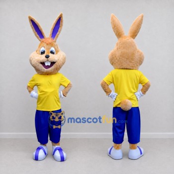 Custom Tan Yellow and Blue Rabbit in Sportswear Mascot Costume Adult Full Body Suit for Easter Events