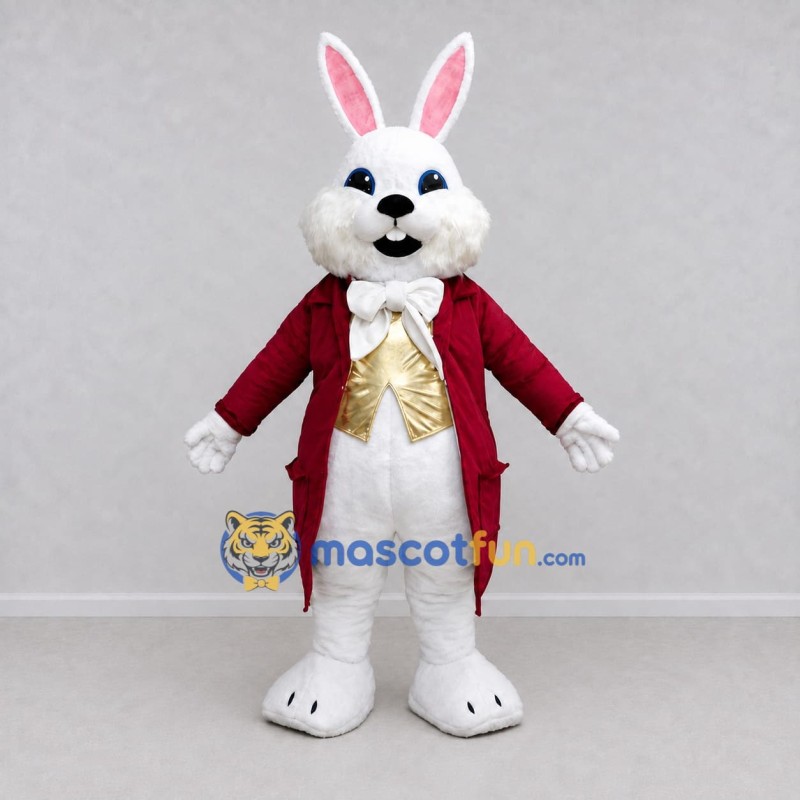 Custom White Red and Gold Rabbit in Tailcoat Mascot Costume Adult Full Body Suit for Easter Events Custom White Red and Gold Rabbit in Tailcoat Mascot Costume Adult Full Body Suit for Easter Events