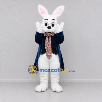 Custom White and Navy Blue Rabbit in Tailcoat Mascot Costume Adult Full Body Suit for Easter Events Custom White and Navy Blue Rabbit in Tailcoat Mascot Costume Adult Full Body Suit for Easter Events