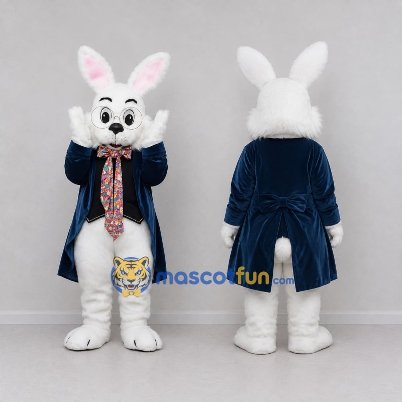 Custom White and Navy Blue Rabbit in Tailcoat Mascot Costume Adult Full Body Suit for Easter Events Custom White and Navy Blue Rabbit in Tailcoat Mascot Costume Adult Full Body Suit for Easter Events