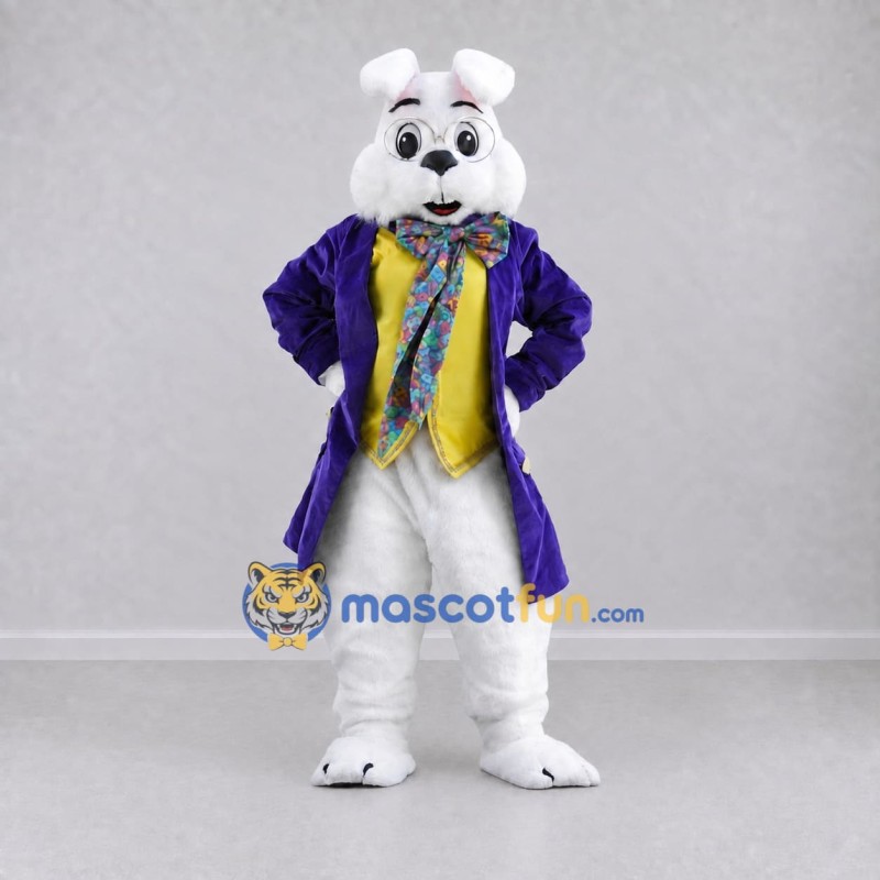 Custom White Purple and Yellow Rabbit in Tailcoat Mascot Costume Adult Full Body Suit for Easter Events Custom White Purple and Yellow Rabbit in Tailcoat Mascot Costume Adult Full Body Suit for Easter Events