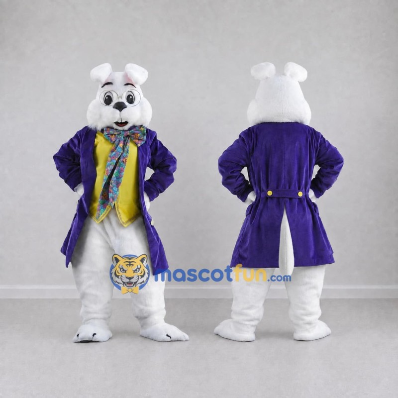 Custom White Purple and Yellow Rabbit in Tailcoat Mascot Costume Adult Full Body Suit for Easter Events Custom White Purple and Yellow Rabbit in Tailcoat Mascot Costume Adult Full Body Suit for Easter Events