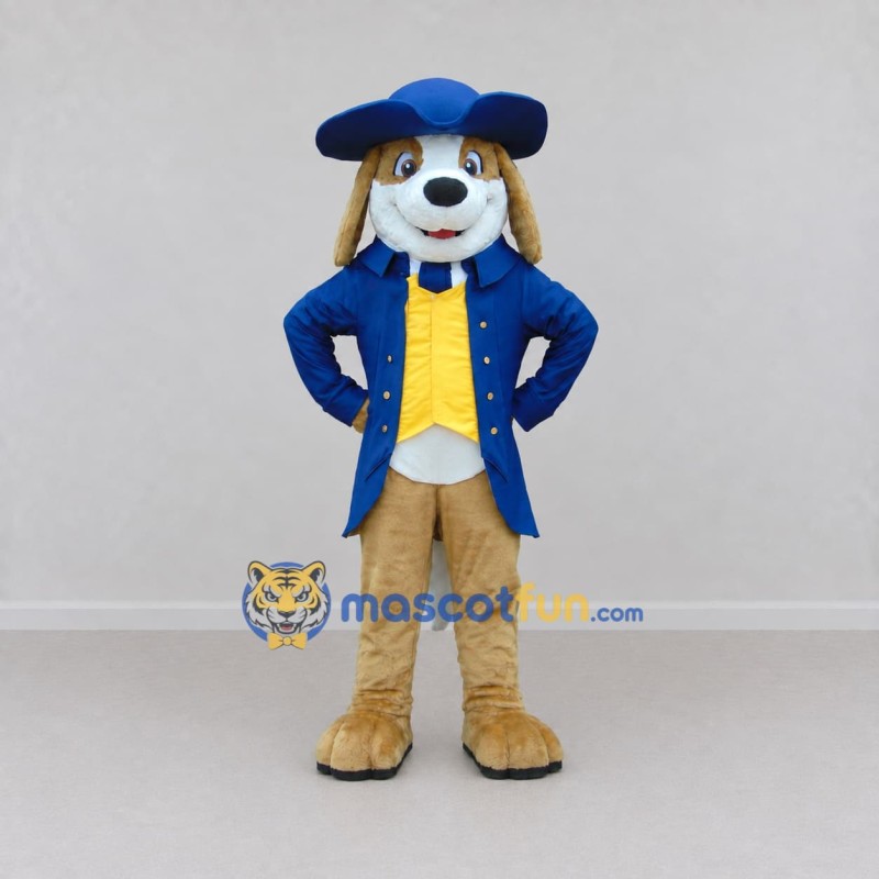 Custom Tan Blue and Yellow Dog in Tailcoat Mascot Costume Adult Full Body Suit for Costume Parties Custom Tan Blue and Yellow Dog in Tailcoat Mascot Costume Adult Full Body Suit for Costume Parties