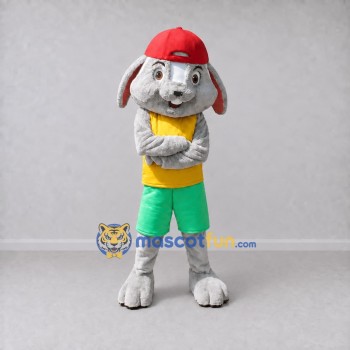 Custom Gray Yellow and Green Lop-Eared Rabbit in Sportswear Mascot Costume Adult Full Body Suit for Sports Events Custom Gray Yellow and Green Lop-Eared Rabbit in Sportswear Mascot Costume Adult Full Body Suit for Sports Events
