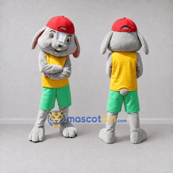 Custom Gray Yellow and Green Lop-Eared Rabbit in Sportswear Mascot Costume Adult Full Body Suit for Sports Events