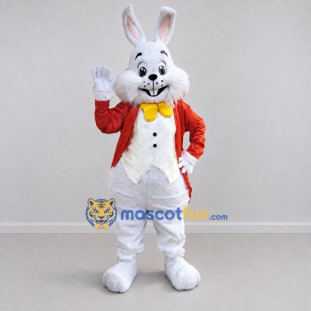 Custom White Red and Yellow Rabbit in Tailcoat Mascot Costume Adult Full Body Suit for Easter Events Custom White Red and Yellow Rabbit in Tailcoat Mascot Costume Adult Full Body Suit for Easter Events