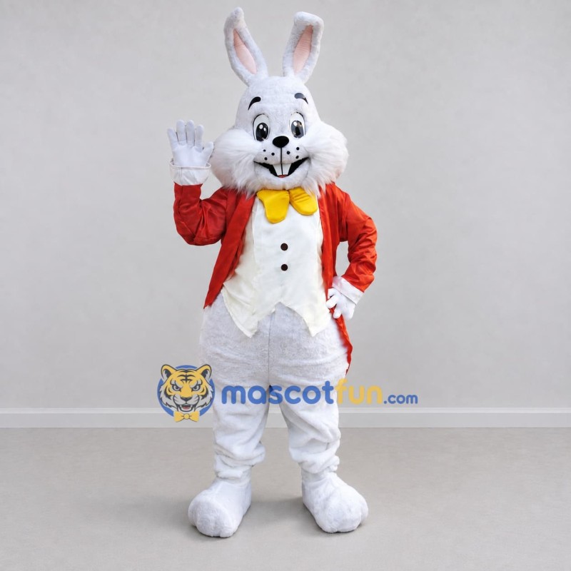 Custom White Red and Yellow Rabbit in Tailcoat Mascot Costume Adult Full Body Suit for Easter Events Custom White Red and Yellow Rabbit in Tailcoat Mascot Costume Adult Full Body Suit for Easter Events