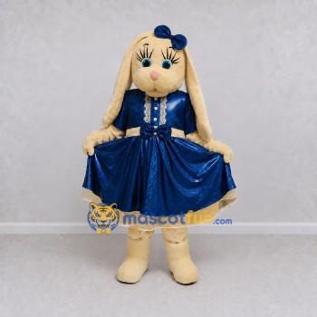 Custom Tan and Blue Lop-Eared Rabbit in Dress Mascot Costume Adult Full Body Suit for Easter Events Custom Tan and Blue Lop-Eared Rabbit in Dress Mascot Costume Adult Full Body Suit for Easter Events