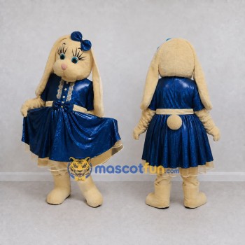 Custom Tan and Blue Lop-Eared Rabbit in Dress Mascot Costume Adult Full Body Suit for Easter Events