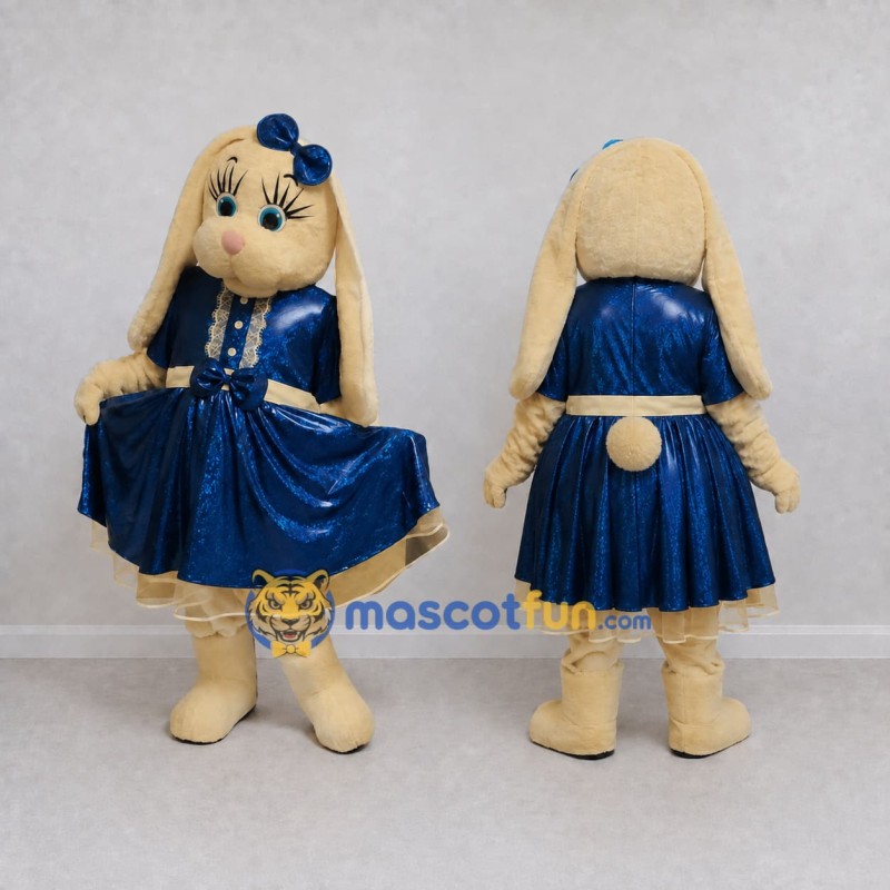 Custom Tan and Blue Lop-Eared Rabbit in Dress Mascot Costume Adult Full Body Suit for Easter Events