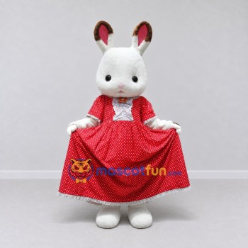 Custom White and Red Rabbit in Polka Dot Dress Mascot Costume Adult Full Body Suit for Easter Events Custom White and Red Rabbit in Polka Dot Dress Mascot Costume Adult Full Body Suit for Easter Events