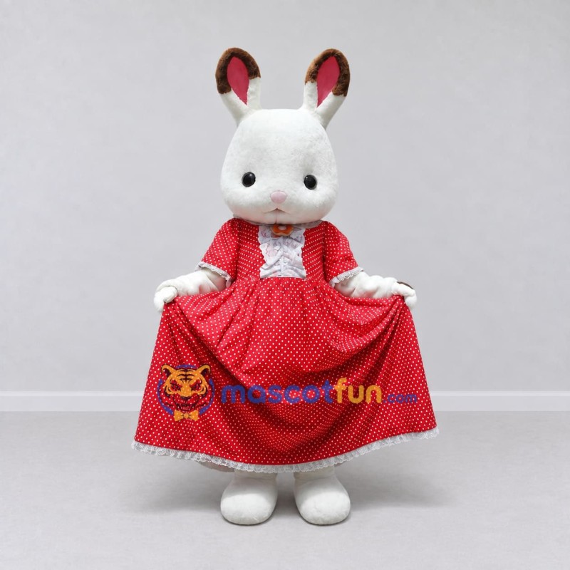 Custom White and Red Rabbit in Polka Dot Dress Mascot Costume Adult Full Body Suit for Easter Events Custom White and Red Rabbit in Polka Dot Dress Mascot Costume Adult Full Body Suit for Easter Events