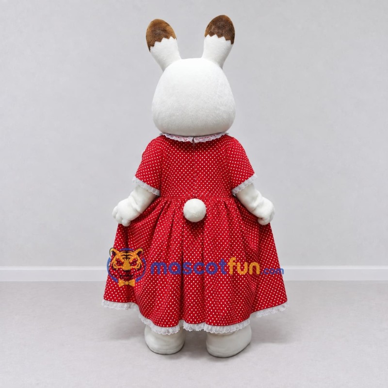 Custom White and Red Rabbit in Polka Dot Dress Mascot Costume Adult Full Body Suit for Easter Events Custom White and Red Rabbit in Polka Dot Dress Mascot Costume Adult Full Body Suit for Easter Events