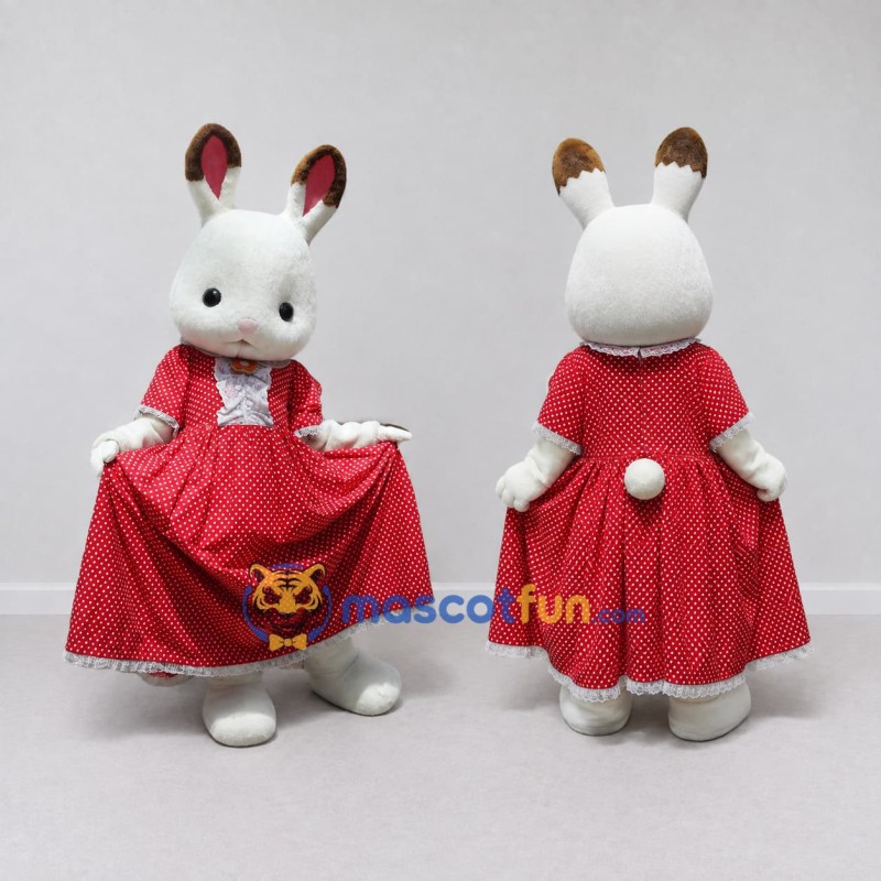 Custom White and Red Rabbit in Polka Dot Dress Mascot Costume Adult Full Body Suit for Easter Events Custom White and Red Rabbit in Polka Dot Dress Mascot Costume Adult Full Body Suit for Easter Events