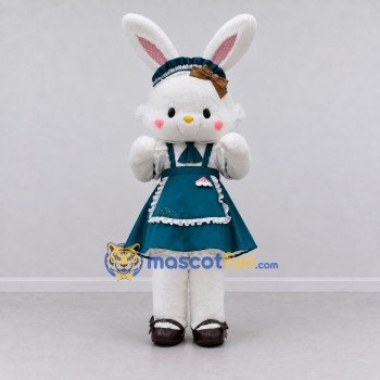 Custom White and Teal Rabbit in Dress Mascot Costume Adult Full Body Suit for Easter Events Custom White and Teal Rabbit in Dress Mascot Costume Adult Full Body Suit for Easter Events