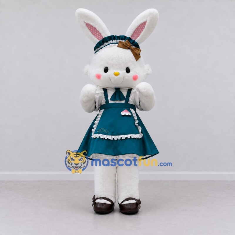 Custom White and Teal Rabbit in Dress Mascot Costume Adult Full Body Suit for Easter Events Custom White and Teal Rabbit in Dress Mascot Costume Adult Full Body Suit for Easter Events
