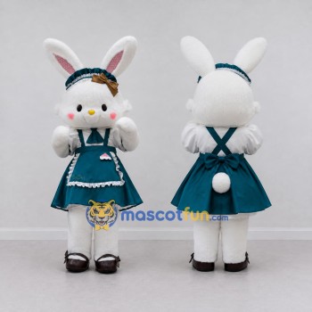 Custom White and Teal Rabbit in Dress Mascot Costume Adult Full Body Suit for Easter Events