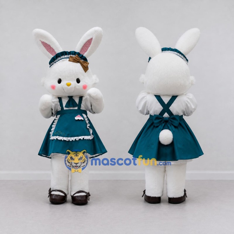 Custom White and Teal Rabbit in Dress Mascot Costume Adult Full Body Suit for Easter Events Custom White and Teal Rabbit in Dress Mascot Costume Adult Full Body Suit for Easter Events