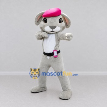 Custom Gray and Pink Dog in Beret Mascot Costume Adult Full Body Suit for Community Events Custom Gray and Pink Dog in Beret Mascot Costume Adult Full Body Suit for Community Events