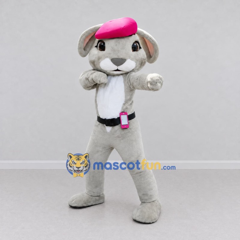Custom Gray and Pink Dog in Beret Mascot Costume Adult Full Body Suit for Community Events Custom Gray and Pink Dog in Beret Mascot Costume Adult Full Body Suit for Community Events