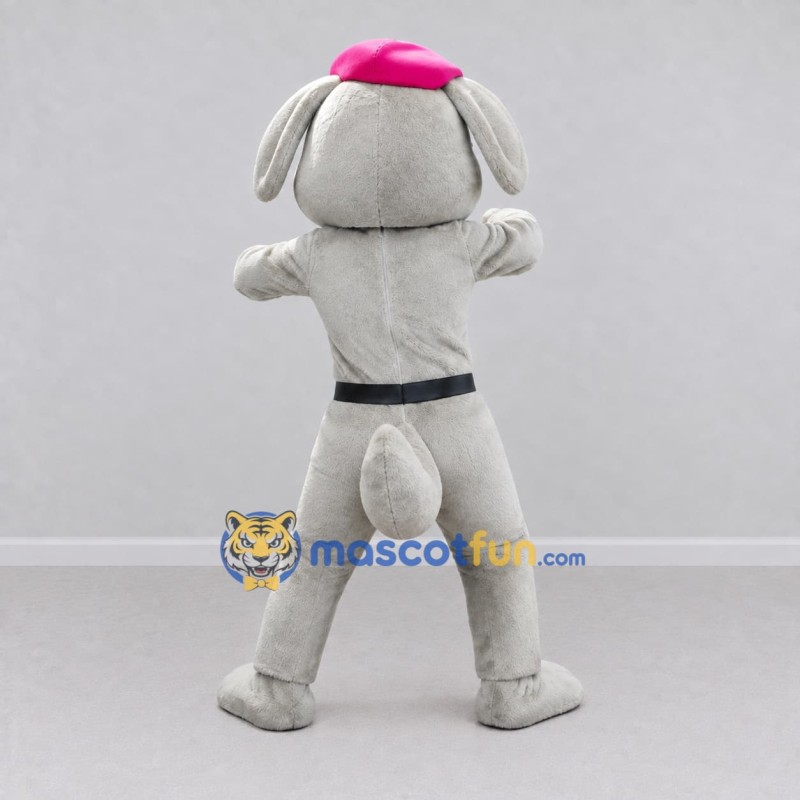Custom Gray and Pink Dog in Beret Mascot Costume Adult Full Body Suit for Community Events Custom Gray and Pink Dog in Beret Mascot Costume Adult Full Body Suit for Community Events