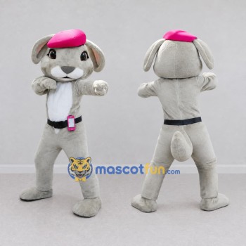 Custom Gray and Pink Dog in Beret Mascot Costume Adult Full Body Suit for Community Events