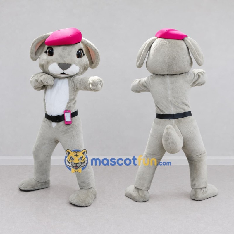 Custom Gray and Pink Dog in Beret Mascot Costume Adult Full Body Suit for Community Events Custom Gray and Pink Dog in Beret Mascot Costume Adult Full Body Suit for Community Events