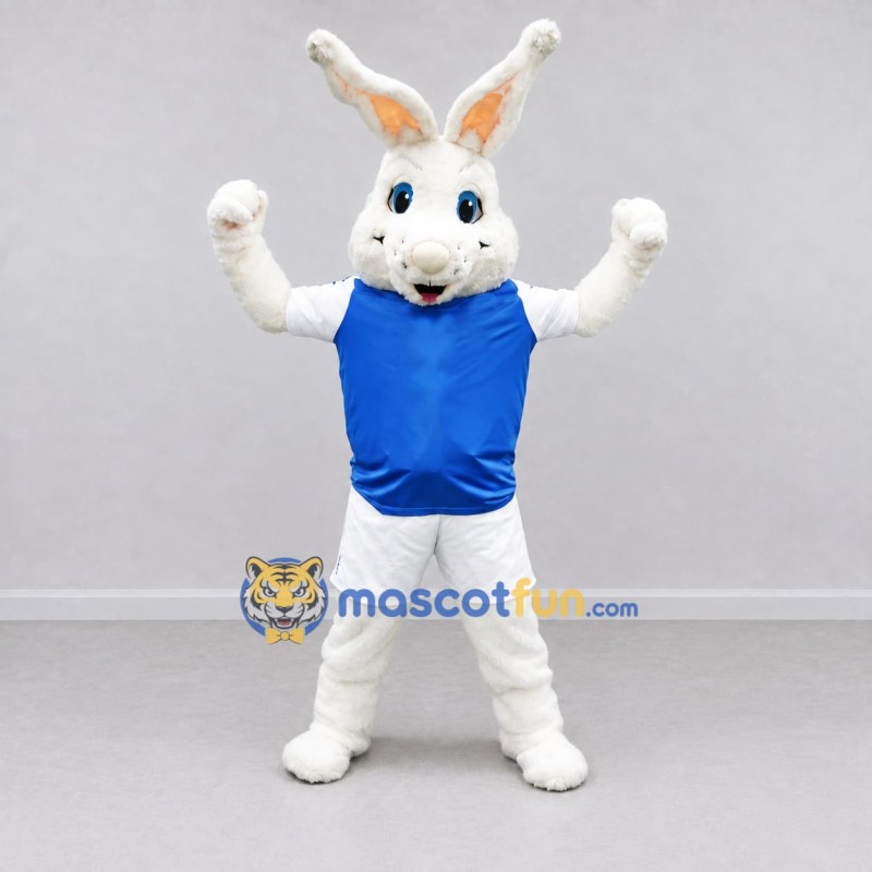 Custom White and Blue Rabbit in Sportswear Mascot Costume Adult Full Body Suit for Sports Events Custom White and Blue Rabbit in Sportswear Mascot Costume Adult Full Body Suit for Sports Events