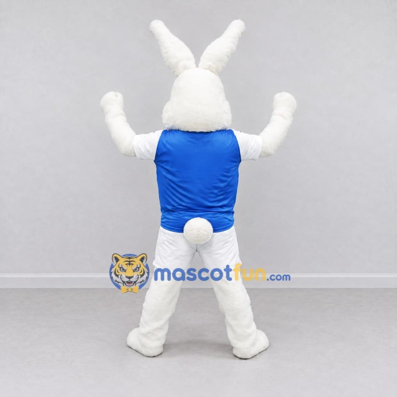 Custom White and Blue Rabbit in Sportswear Mascot Costume Adult Full Body Suit for Sports Events Custom White and Blue Rabbit in Sportswear Mascot Costume Adult Full Body Suit for Sports Events