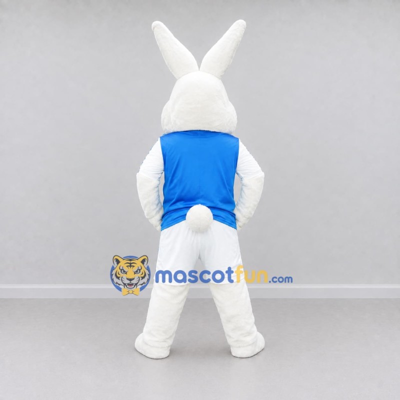 Custom White and Blue Rabbit in Sportswear Mascot Costume Adult Full Body Suit for Sports Events