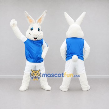 Custom White and Blue Rabbit in Sportswear Mascot Costume Adult Full Body Suit for Sports Events