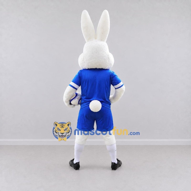 Custom White and Blue Soccer Rabbit Mascot Costume Adult Full Body Suit for Soccer Events