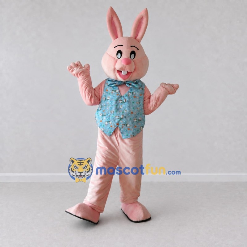 Custom Pink and Blue Rabbit in Vest Mascot Costume Adult Full Body Suit for Easter Events Custom Pink and Blue Rabbit in Vest Mascot Costume Adult Full Body Suit for Easter Events