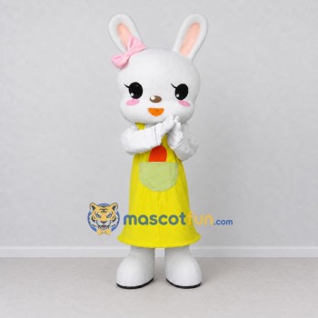 Custom White and Yellow Rabbit in Dress Mascot Costume Adult Full Body Suit for Easter Events Custom White and Yellow Rabbit in Dress Mascot Costume Adult Full Body Suit for Easter Events