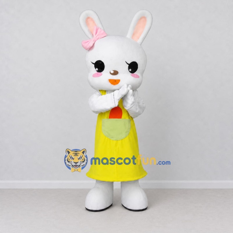 Custom White and Yellow Rabbit in Dress Mascot Costume Adult Full Body Suit for Easter Events Custom White and Yellow Rabbit in Dress Mascot Costume Adult Full Body Suit for Easter Events