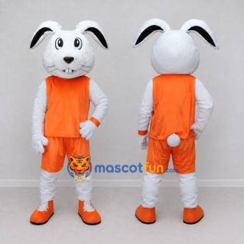 Custom White and Orange Rabbit in Sportswear Mascot Costume Adult Full Body Suit for Sports Events