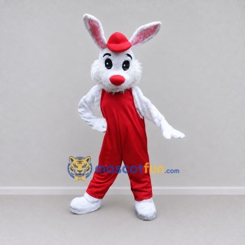Custom White and Red Rabbit in Overalls Mascot Costume Adult Full Body Suit for Easter Events Custom White and Red Rabbit in Overalls Mascot Costume Adult Full Body Suit for Easter Events