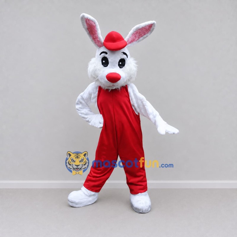 Custom White and Red Rabbit in Overalls Mascot Costume Adult Full Body Suit for Easter Events Custom White and Red Rabbit in Overalls Mascot Costume Adult Full Body Suit for Easter Events