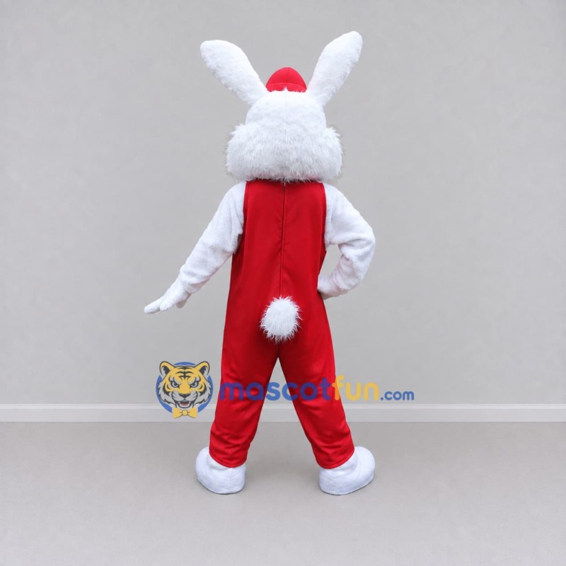 Custom White and Red Rabbit in Overalls Mascot Costume Adult Full Body Suit for Easter Events Custom White and Red Rabbit in Overalls Mascot Costume Adult Full Body Suit for Easter Events