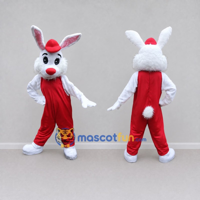 Custom White and Red Rabbit in Overalls Mascot Costume Adult Full Body Suit for Easter Events Custom White and Red Rabbit in Overalls Mascot Costume Adult Full Body Suit for Easter Events