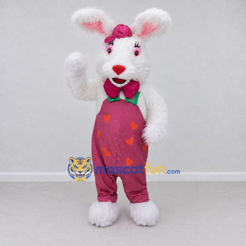 Custom White and Pink Rabbit in Overalls Mascot Costume Adult Full Body Suit for Easter Events Custom White and Pink Rabbit in Overalls Mascot Costume Adult Full Body Suit for Easter Events